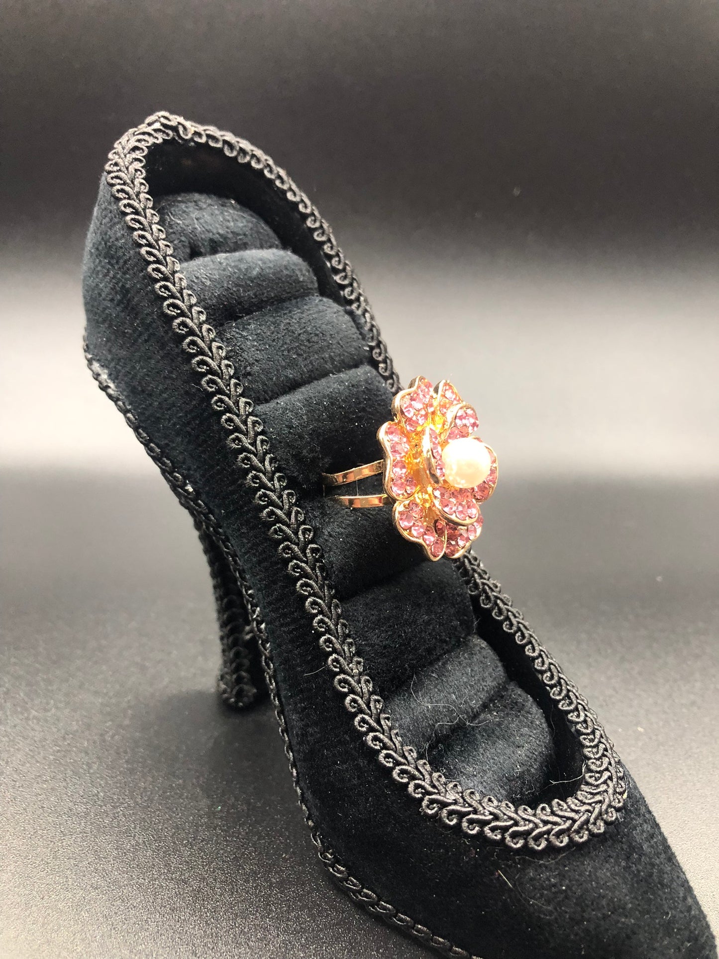 Pink Rhinestone Flower Ring with Faux Pearl Center