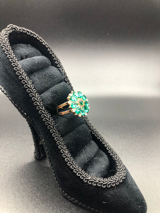 Green & Clear Glass Crystal Flower Ring