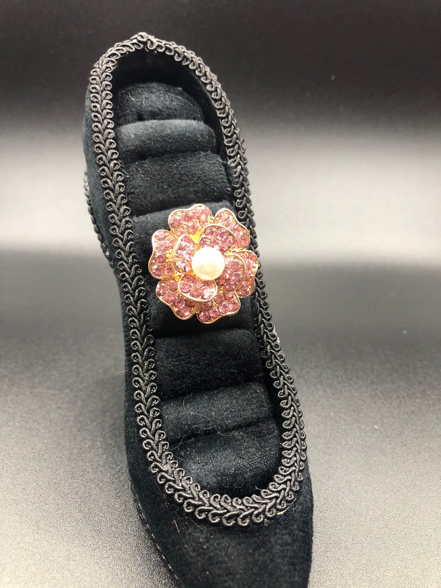 Pink Rhinestone Flower Ring with Faux Pearl Center