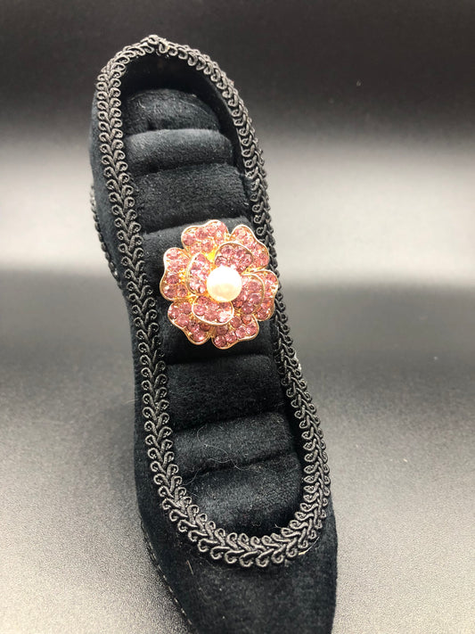 Pink Rhinestone Flower Ring with Faux Pearl Center