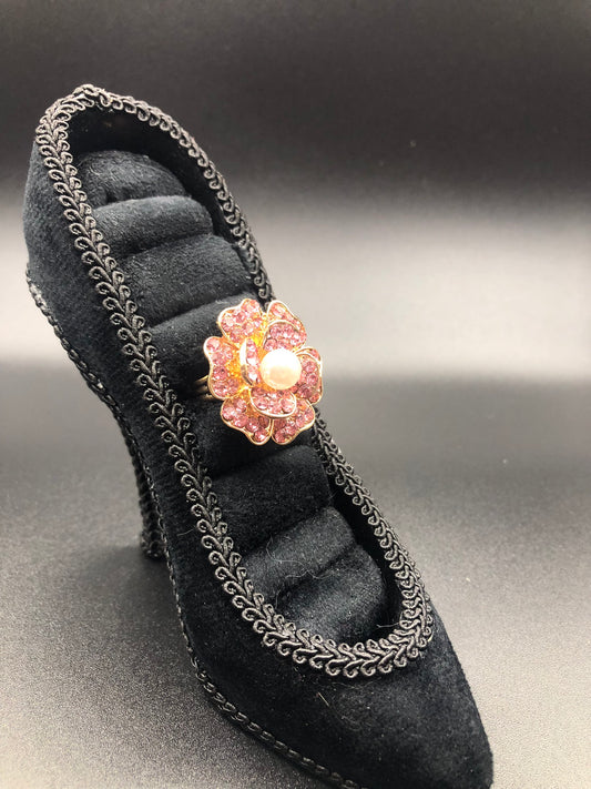 Pink Rhinestone Flower Ring with Faux Pearl Center